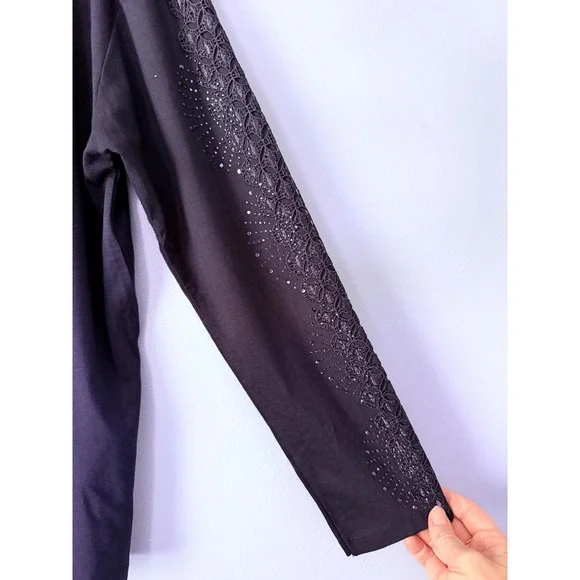 Women's Navy‎ Blue Embellished Long Sleeve Top Size Medium Rhinestones Lace - Picture 4 of 8